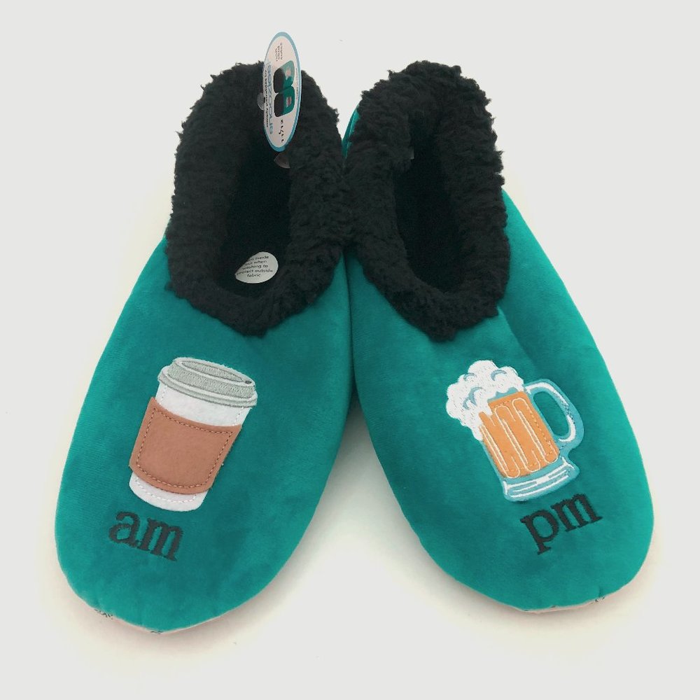 Snoozies Men's AM PM Coffee Beer Slippers Blue/Green Large 11/12